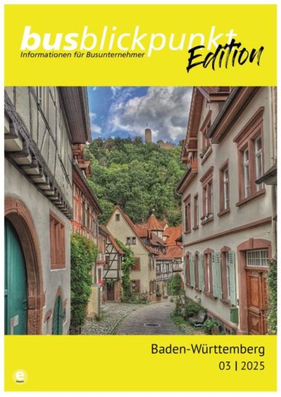 Titel der Bus Blickpunkt Edition. Zwischen einem gelben Rahmen oben und unten ist eine Fachwerkstraße in Weinheim zu sehen. Auf dem Berg ist eine Burgruine.