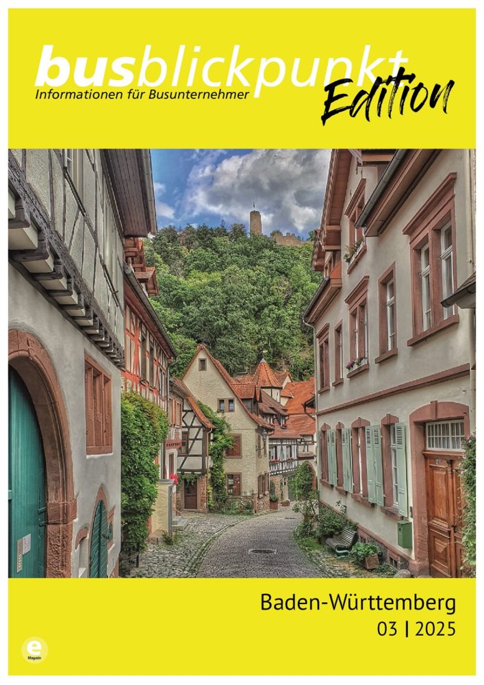 Titelbild busblickpunkt Edition mit einer Gasse in einer Altstadt und einer Burg am Horizont.
